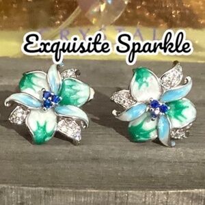 Green Blue Enamel Floral Lilly Huggie Earrings 925 Silver Flower Earrings